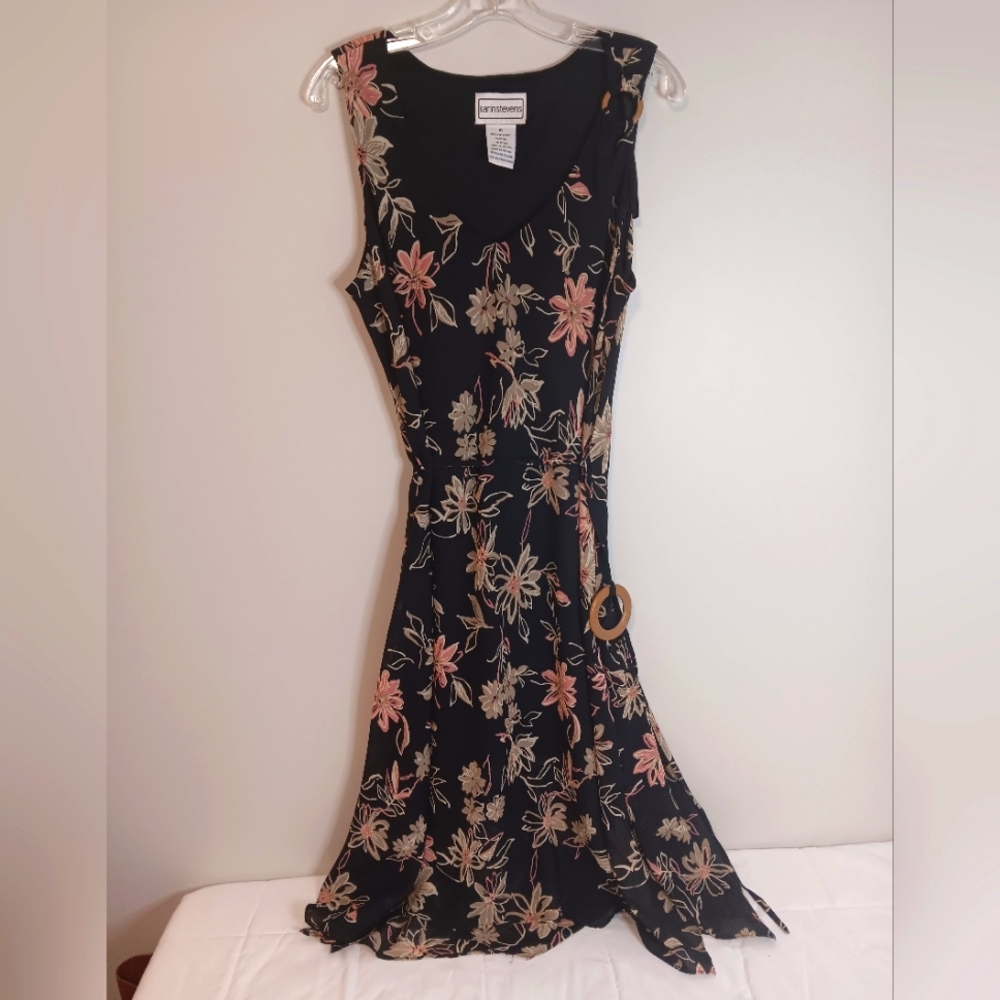 Vintage Karin Stevens Floral Dress Sz 16 Fit Flare Sleeveless Black / Pink